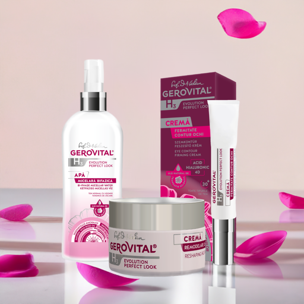 Set Cadou Antirid și Fermitate Gerovital H3 Evolution Perfect Look: Cremă Remodelare Contur Față, Cremă Fermitate Contur Ochi și Apă Micelară Bifazică