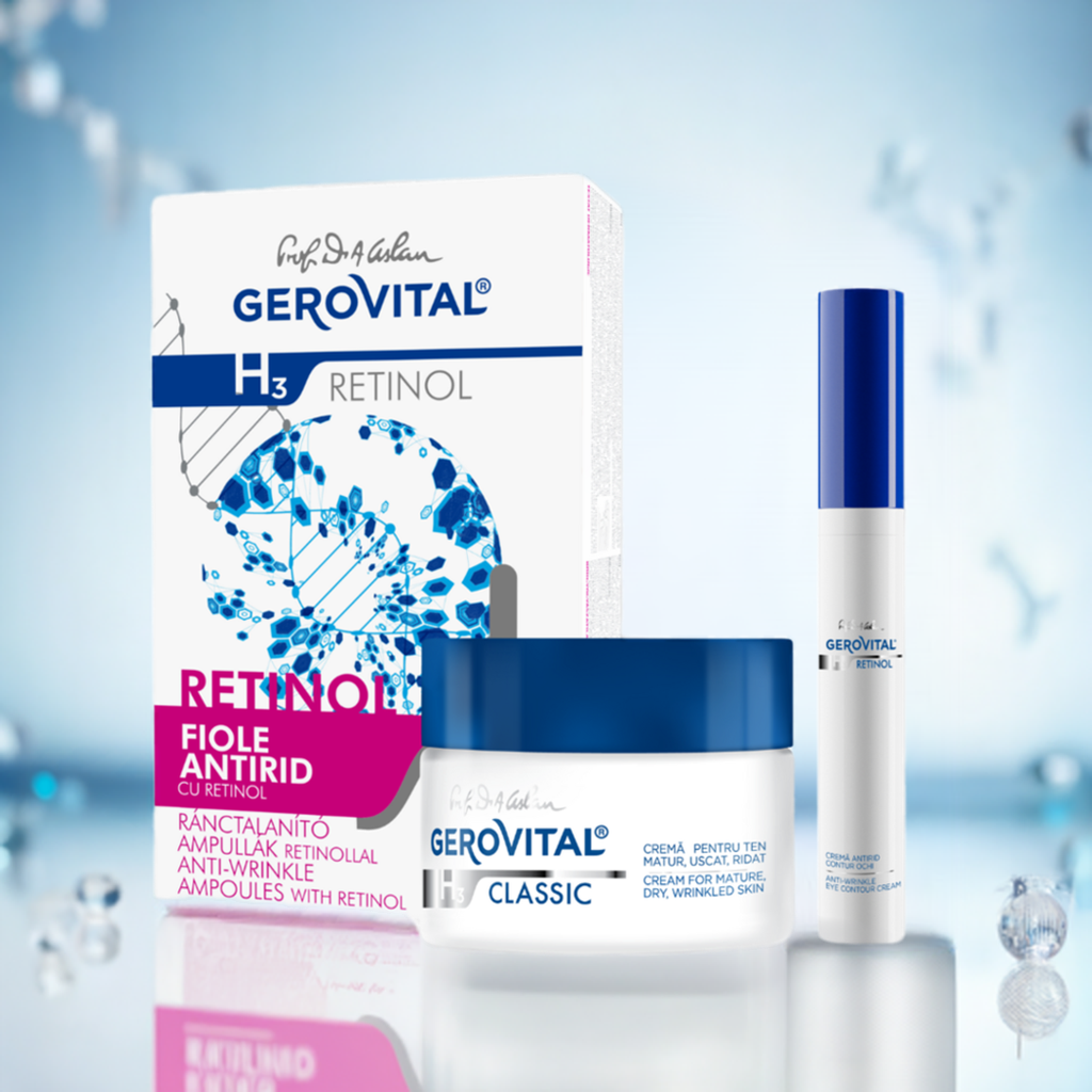 Set Cadou Anti-age Ten Gerovital H3 Classic  Retinol: Fiole Antirid Cu Retinol, Cremă Pentru Ten Matur, Uscat, Ridat și Cremă Antirid Contur Ochi