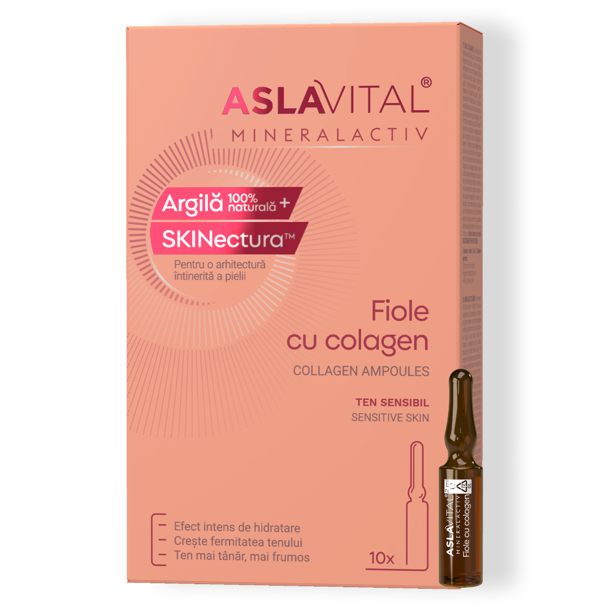 Fiole Cu Colagen și Elastină Fermitate, Hidratare și Protecție Antioxidantă Pentru Ten Sensibil, Aslavital Mineralactiv, 10 Fiole X 2 Ml